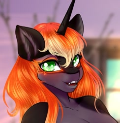 Size: 605x621 | Tagged: safe, artist:littlebird, oc, oc only, oc:night chaser, unicorn, anthro, adorasexy, alternate universe, anthro oc, blushing, breasts, cute, cute little fangs, fangs, glowing, glowing coat markings, horn, icon, looking at you, male, open mouth, open smile, profile picture, sexy, smiling, smiling at you, solo, unicorn oc
