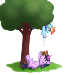 Size: 1936x2189 | Tagged: safe, artist:mercurysparkle, rainbow dash, twilight sparkle, pegasus, pony, unicorn, g4, book, bucket, chest fluff, cup, cute, duo, ear fluff, female, fluffy, grass, grin, hoof hold, legs in air, lying down, magic, mare, on back, partial background, prank, rainbow douche, reading, simple background, smiling, telekinesis, this will end in tears, tree, tree branch, twiabetes, underhoof, unicorn twilight, water, white background