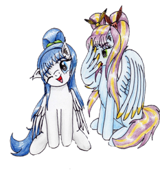 Size: 3000x3222 | Tagged: safe, artist:40kponyguy, derpibooru exclusive, edit, editor:nc-tv, oc, oc only, oc:clarise, oc:skydrop, eevee, pegasus, pikachu, pony, 2022 community collab, derpibooru community collaboration, background removed, cute, ear fluff, facewing, female, head tilt, high res, laughing, looking at you, mare, one eye closed, pigtails, pokémon, ponytail, simple background, sitting, traditional art, transparent background, twintails