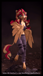 Size: 2160x3840 | Tagged: safe, artist:imafutureguitarhero, sunset shimmer, alicorn, harpy, hybrid, monster pony, original species, anthro, unguligrade anthro, g4, 3d, 4k, absurd file size, alicornified, animated, bare hooves, belly button, border, cargo pants, clothes, cloven hooves, colored eyebrows, colored eyelashes, dirt, ear piercing, earring, female, floppy ears, high res, hooves, horn, jewelry, leg wraps, leonine tail, long hair, long mane, loop, mare, multicolored hair, multicolored mane, multicolored tail, no sound, nose wrinkle, one leg raised, pants, perfect loop, piercing, race swap, revamped anthros, revamped ponies, rock, smiling, solo, source filmmaker, tail, tank top, text, turnaround, unshorn fetlocks, vertical, wall of tags, watermark, webm, wing arms, wings