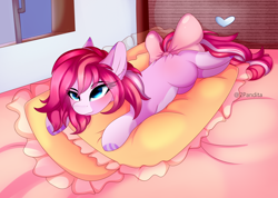 Size: 4850x3450 | Tagged: safe, artist:2pandita, oc, oc only, earth pony, pony, bow, female, lying down, mare, pillow, prone, solo, tail, tail bow