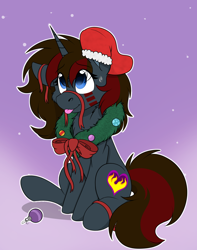 Size: 1744x2208 | Tagged: safe, alternate character, alternate version, artist:rokosmith26, oc, oc only, oc:charcoal rose, pony, unicorn, bow, cheek fluff, chest fluff, christmas, christmas stocking, christmas wreath, commission, female, floppy ears, gradient background, holiday, horn, looking up, mare, markings, one ear down, raised hoof, ribbon, simple background, sitting, smiling, solo, sweat, sweatdrop, tail, tongue out, unicorn horn, unicorn oc, wreath, ych result