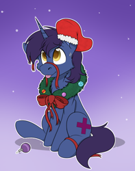 Size: 1744x2208 | Tagged: safe, alternate character, alternate version, artist:rokosmith26, oc, oc only, pony, unicorn, bow, cheek fluff, chest fluff, christmas, christmas stocking, christmas wreath, commission, floppy ears, gradient background, holiday, horn, looking up, male, one ear down, raised hoof, ribbon, simple background, sitting, smiling, solo, stallion, sweat, sweatdrop, tail, tongue out, unicorn horn, unicorn oc, wreath, ych result