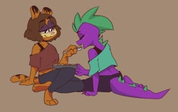Size: 2898x1836 | Tagged: safe, artist:kittysonrice, spike, cat, dragon, anthro, digitigrade anthro, nonexistent meet-cute [idlyam], g4, barb, crack shipping, crossover, crossover shipping, feeding, female, garfield, garfield (character), lesbian, rule 63, shipping, wat