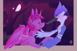 Size: 2160x1440 | Tagged: safe, artist:alicornairport, twilight sparkle, alicorn, pony, g4, crossover, crossover shipping, female, kissing, male, mordecai, mordetwi, regular show, shipping, straight, twilight sparkle (alicorn)