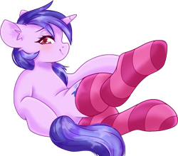 Size: 2169x1903 | Tagged: safe, alternate version, artist:etoz, sea swirl, seafoam, pony, unicorn, g4, blushing, clothes, commission, cute, eyebrows, eyebrows visible through hair, female, happy, high res, horn, looking at you, mare, simple background, smiling, socks, solo, stockings, striped socks, striped stockings, thigh highs, transparent background, wearing, ych result