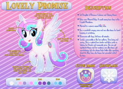 Size: 2687x1958 | Tagged: safe, artist:lovinglypromise, oc, oc only, oc:lovely promise, alicorn, pony, alicorn oc, colored wings, eyeshadow, female, gradient background, gradient legs, gradient wings, horn, makeup, mare, misspelling, not flurry heart, offspring, parent:princess cadance, parent:shining armor, parents:shiningcadance, pink background, purple background, reference sheet, simple background, solo, spread wings, standing on two hooves, striped background, text, wings