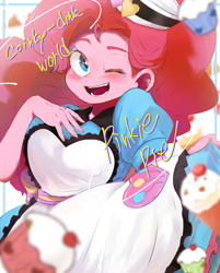 Size: 951x1181 | Tagged: safe, artist:ameame_trine, pinkie pie, coinky-dink world, equestria girls, g4, my little pony equestria girls: summertime shorts, blushing, breasts, busty pinkie pie, one eye closed, open mouth, open smile, pixiv, server pinkie pie, smiling, solo, wink