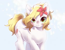 Size: 2730x2111 | Tagged: safe, artist:kotletova97, oc, oc only, oc:epithumia, earth pony, pony, female, flower, flower in hair, high res, looking at you, mare, raised eyebrow, smiling, solo