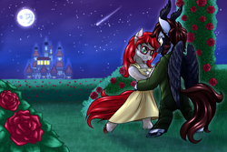 Size: 3600x2400 | Tagged: safe, artist:thescornfulreptilian, oc, oc only, earth pony, pegasus, pony, bipedal, clothes, dress, female, high res, horns, male, mare, moon, night, stallion