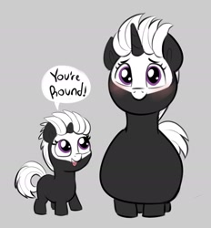 Size: 1803x1941 | Tagged: safe, artist:heretichesh, oc, oc only, oc:s.leech, pony, unicorn, bald face, blaze (coat marking), blushing, coat markings, cute, duo, facial markings, fat, female, filly, gray background, looking at you, mare, ocbetes, self paradox, simple background, smiling, smiling at you
