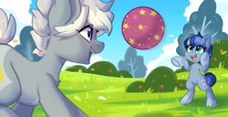 Size: 1249x640 | Tagged: safe, artist:oofycolorful, oc, oc only, oc:galaxy, oc:silver bolt, earth pony, pony, ball, commission, duo, female, mare, open mouth, open smile, playing, rearing, smiling, underhoof