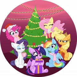Size: 1941x1940 | Tagged: safe, artist:lbrcloud, angel bunny, applejack, fluttershy, pinkie pie, rainbow dash, rarity, twilight sparkle, alicorn, earth pony, pegasus, pony, unicorn, g4, box, christmas, christmas lights, christmas tree, clothes, group, hat, holiday, mane six, mug, present, santa hat, scarf, tree, twilight sparkle (alicorn)