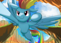 Size: 1024x724 | Tagged: safe, artist:neoshrek, rainbow dash, pegasus, pony, g4, belly button, female, flying, low angle, mare, rainbow trail, solo