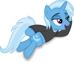 Size: 4266x3655 | Tagged: safe, artist:anime-equestria, trixie, pony, unicorn, g4, alternate hairstyle, clothes, draw me like one of your french girls, female, full body, happy, high res, horn, lidded eyes, lying down, mare, on side, open mouth, open smile, purple eyes, simple background, smiling, solo, stupid sexy trixie, tail, transparent background, two toned mane, two toned tail, vector