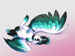 Size: 2048x1536 | Tagged: safe, artist:alrumoon_art, oc, oc only, pegasus, pony, :p, choker, colored wings, heterochromia, large wings, looking at you, lying down, on back, partially open wings, simple background, smiling, solo, tongue out, watermark, white fur, wings, wristband