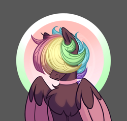 Size: 832x792 | Tagged: safe, artist:alrumoon_art, oc, oc only, oc:walter evans, pegasus, pony, chest fluff, choker, colored wings, hair over eyes, male, multicolored hair, multicolored mane, rainbow hair, solo, two toned wings, wings