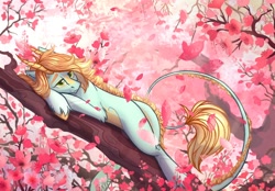Size: 1920x1340 | Tagged: safe, artist:alrumoon_art, oc, oc only, oc:concorde feuilledethe, original species, pony, flower, horns, in a tree, leaves, leonine tail, lying down, male, prone, solo, tail, tree, tree branch