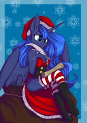 Size: 1448x2048 | Tagged: safe, artist:melodis, princess luna, alicorn, anthro, christmas, christmas stocking, clothes, female, holiday, simple background, socks, solo, striped socks