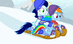 Size: 1188x720 | Tagged: safe, artist:mlplary6, rainbow dash, soarin', pegasus, pony, g4, backwards cutie mark, boyfriend and girlfriend, christmas, female, holiday, male, ship:soarindash, shipping, sled, smiling, snow, snowfall, straight, winter