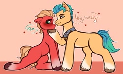 Size: 2439x1463 | Tagged: safe, artist:polyushko, hitch trailblazer, sprout cloverleaf, earth pony, pony, g5, my little pony: a new generation, blushing, coat markings, dialogue, duo, duo male, floating heart, floppy ears, gay, heart, hitchsprout, looking back, male, maledom, malesub, shipping, smiling, socks (coat markings), speech bubble, stallion, stallion on stallion, submissive, unshorn fetlocks