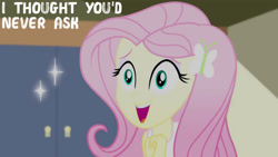 Size: 1280x720 | Tagged: safe, edit, edited screencap, editor:quoterific, screencap, fluttershy, eqg summertime shorts, equestria girls, g4, pet project, clothes, female, hairpin, open mouth, open smile, smiling, solo, tank top