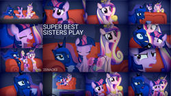 Size: 1280x720 | Tagged: safe, artist:2snacks, edit, editor:quoterific, princess cadance, princess luna, queen chrysalis, twilight sparkle, alicorn, pony, two best sisters play, g4, bloodshot eyes, controller, couch, crown, eyes closed, fake cadance, fake luna, fake twilight, female, jewelry, magic, male to female, mare, open mouth, open smile, possessed, regalia, rule 63, smiling, super best sisters play, sweat, telekinesis, twilight sparkle (alicorn), video game