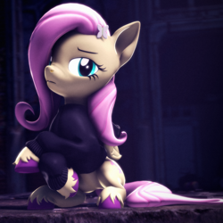 Size: 2160x2160 | Tagged: safe, artist:psfmer, fluttershy, pegasus, pony, g4, 3d, accessory, clothes, crossed hooves, female, hairclip, high res, hoodie, looking at you, mare, open mouth, revamped ponies, sidewalk, solo, source filmmaker, squatting, trash, unshorn fetlocks