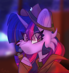 Size: 1905x2001 | Tagged: safe, artist:tizhonolulu, twilight sparkle, pony, unicorn, g4, cheek fluff, clothes, coat, detective, detective hat, hat, pipe, police lights, smoking, solo, sweater