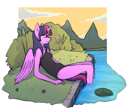 Size: 1311x1109 | Tagged: safe, artist:meliciamelano, twilight sparkle, alicorn, anthro, plantigrade anthro, g4, bush, clothes, colored pupils, detailed background, female, grass, horn, legs in the water, lilypad, mountain, nature, one-piece swimsuit, reclining, river, sitting, solo, spread wings, swimsuit, tail, tranquility, twilight sparkle (alicorn), water, wings