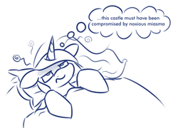 Size: 1281x921 | Tagged: safe, artist:moonatik, princess luna, alicorn, pony, g4, bed, female, fever, mare, pillow, sick, sketch, solo, thought bubble