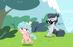 Size: 2840x1824 | Tagged: safe, artist:lunaticdawn, cozy glow, rumble, pegasus, pony, g4, bipedal, bipedal leaning, blushing, bow, bush, colt, curls, cute, cutie mark, female, filly, flirting, flower, foal, freckles, grass, grin, hair bow, leaning, looking back, male, oh you, rock, rumble gets all the fillies, ship:rumbleglow, shipping, smiling, smooth, standing, straight, sunglasses, text, tree, trotting