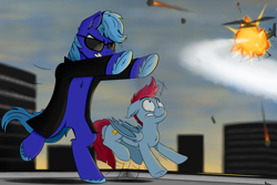 Size: 1080x720 | Tagged: safe, artist:rapid9, oc, oc only, oc:dayandey, oc:nella schuss, bat pony, earth pony, pony, afternoon, bipedal, clothes, coat, explosion, fire, jumping, roof, scared, sunglasses, the matrix