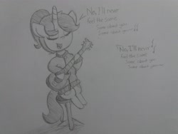 Size: 4128x3096 | Tagged: safe, artist:cherro, oc, oc only, oc:kitty kit, pony, unicorn, a day to remember, acoustic guitar, clothes, guitar, musical instrument, same about you, singing, solo, song reference, sweater, traditional art