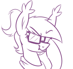 Size: 891x837 | Tagged: safe, artist:moonatik, oc, oc only, oc:anneal, bat pony, pony, adjusting glasses, bat pony oc, bust, clothes, fangs, female, glasses, limited palette, mare, ponytail, scarf, scary shiny glasses, sketch, smug, solo, sunglasses
