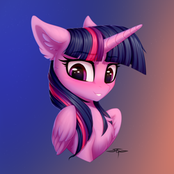 Size: 3000x3000 | Tagged: safe, artist:setharu, twilight sparkle, alicorn, pony, collaboration:too many twilight, g4, bust, chest fluff, collaboration, cute, ear fluff, eye reflection, eyebrows, eyebrows visible through hair, female, floppy ears, fluffy, gradient background, grin, high res, looking down, mare, portrait, reflection, signature, smiling, solo, twiabetes, twilight sparkle (alicorn), wings