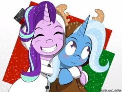 Size: 2048x1536 | Tagged: safe, artist:lightning-runner18, starlight glimmer, trixie, pony, unicorn, g4, animal costume, blushing, christmas, clothes, costume, eyes closed, grin, holiday, hug, reindeer costume, smiling, snow