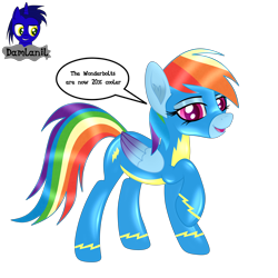 Size: 3840x3840 | Tagged: safe, alternate version, artist:damlanil, rainbow dash, pegasus, pony, g4, catsuit, clothes, comic, cute, eyeshadow, female, happy, high res, latex, latex suit, looking at you, makeup, mare, open mouth, open smile, raised hoof, rubber, shine, shiny, shiny mane, simple background, smiling, solo, suit, text, transparent background, uniform, vector, wings, wonderbolts, wonderbolts uniform