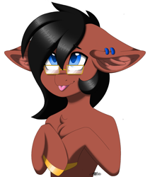 Size: 1635x1932 | Tagged: safe, artist:melodytheartpony, oc, oc:benjamin terrance tover, earth pony, pony, :p, adorable face, commission, cute, ear piercing, earring, fundraiser, glasses, happy, jewelry, male, piercing, puppy dog eyes, signature, simple background, solo, tongue out, white background, ych result
