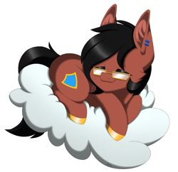 Size: 2138x2070 | Tagged: safe, artist:melodytheartpony, oc, earth pony, pony, cloud, comfortable, commission, curled up, eyes closed, fundraiser, glasses, happy, high res, lying down, male, on a cloud, piercing, prone, resting, signature, simple background, sleeping, smiling, solo, white background, ych result
