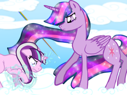 Size: 1890x1417 | Tagged: safe, artist:khough, starlight glimmer, twilight sparkle, alicorn, pony, unicorn, fanfic:we can do this forever, g4, the cutie re-mark, cloud, crying, duo, fanfic art, female, magic, mortality blues, older, sonic rainboom, twilight sparkle (alicorn)