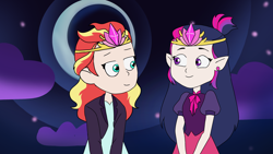 Size: 4800x2700 | Tagged: safe, artist:ginmay, sunset shimmer, twilight sparkle, human, humanoid, g4, spoiler:the owl house, clothes, crown, duo, female, humanized, jewelry, lesbian, night, pointed ears, regalia, ship:sunsetsparkle, shipping, spoilers for another series, style emulation, the owl house, witch