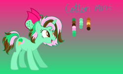 Size: 2992x1792 | Tagged: safe, artist:ginmay, oc, oc only, oc:cotton mint, pony, unicorn, adoptable, female, gradient background, horn, open mouth, reference sheet, solo, unicorn oc