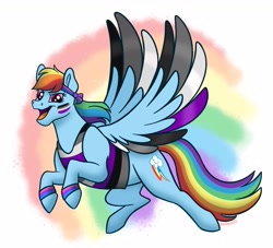 Size: 2568x2334 | Tagged: safe, artist:bella-pink-savage, rainbow dash, pegasus, pony, g4, asexual, asexual pride flag, biromantic, biromantic pride flag, clothes, face paint, female, flying, high res, pride, pride flag, rainbow background, solo, spread wings, tank top, wings