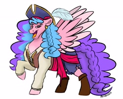 Size: 2543x2048 | Tagged: safe, artist:bella-pink-savage, oc, oc only, oc:bella pinksavage, pegasus, pony, clothes, female, high res, open mouth, pegasus oc, pirate, raised hoof, simple background, solo, spread wings, white background, wings
