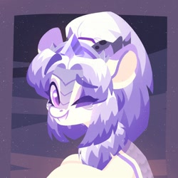 Size: 1500x1500 | Tagged: safe, artist:tsarstvo, oc, oc only, kirin, pony, abstract background, ambiguous gender, bust, grin, hat, kirin oc, lineless, looking at you, one eye closed, portrait, purple coat, purple mane, smiling, solo, wink