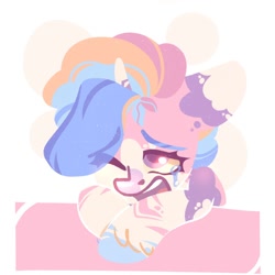 Size: 1500x1500 | Tagged: safe, artist:tsarstvo, oc, oc only, pony, unicorn, abstract background, bust, crying, female, mare, multicolored mane, one eye closed, open mouth, pink coat, sad, solo