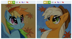 Size: 512x279 | Tagged: safe, artist:duvivi, applejack, rainbow dash, earth pony, pegasus, pony, derpibooru, g4, applejack's hat, autumn, cowboy hat, cute, dashabetes, female, hat, jackabetes, juxtaposition, leaves, looking at each other, looking at someone, mare, meta, smiling, spread wings, stetson, wings