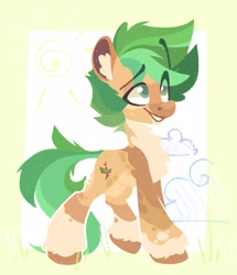 Size: 1373x1600 | Tagged: safe, artist:tsarstvo, oc, oc only, earth pony, pony, body markings, brown coat, chest fluff, cloud, coat markings, colored ear fluff, colored pinnae, colored pupils, ear fluff, ear markings, eye clipping through hair, eyebrows, eyebrows visible through hair, full body, grass, green eyes, green mane, green tail, leg markings, lineless, male, pale belly, smiling, socks (coat markings), solo, stallion, sun, tail, walking