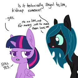 Size: 1024x1024 | Tagged: safe, artist:tjpones edits, color edit, colorist:nightshadowmlp, edit, queen chrysalis, twilight sparkle, alicorn, changeling, changeling queen, pony, g4, colored, cute, cutealis, dialogue, duo, duo female, female, mare, missing horn, twilight sparkle (alicorn)